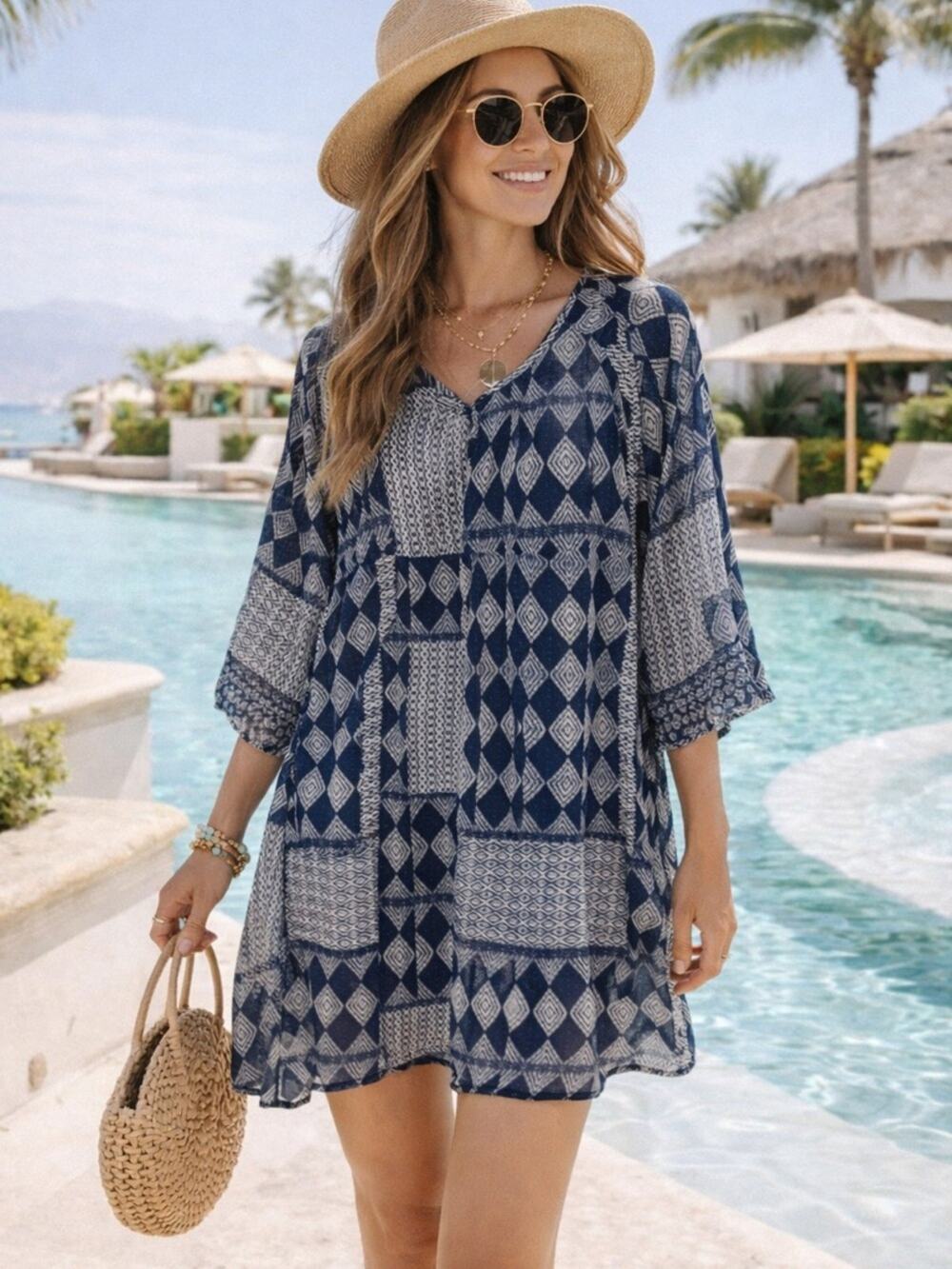 Anthropologie X Velvet Navy White Printed Long Sleeve Boho Cotton Mini Dress